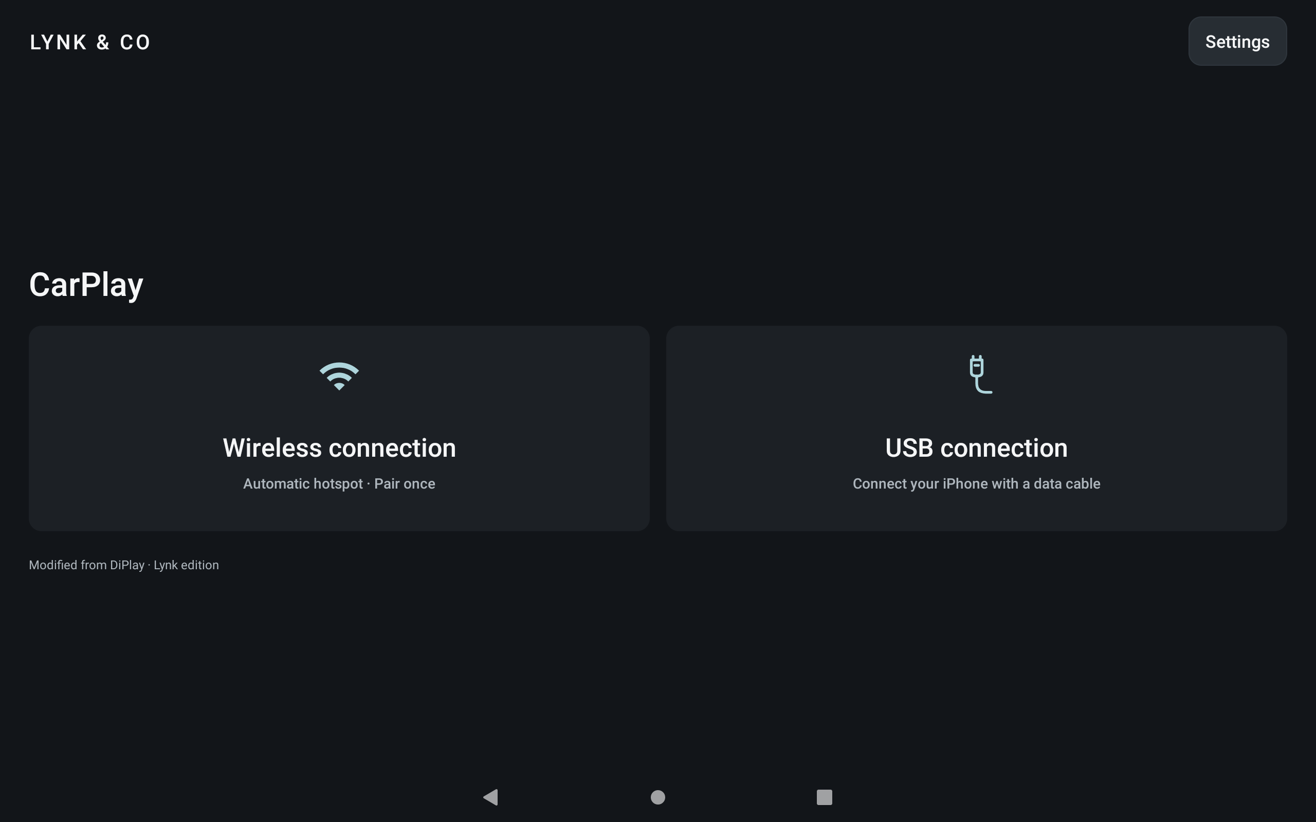 领克适配版实际 App 首页,包含无线连接与 USB 连接两个入口