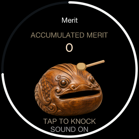 Wooden Fish screen with a wooden percussion instrument, a mallet and a tap counter