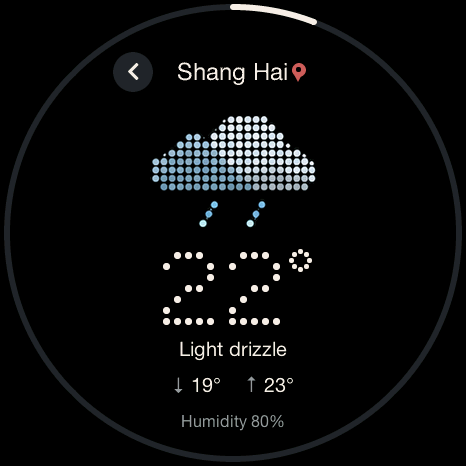 Weather screen with a colored dot-matrix rain cloud, temperature and humidity