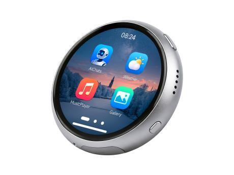 微雪 ESP32-S3-Touch-AMOLED-1.75C：银色金属外壳、圆形屏幕和侧边按键
